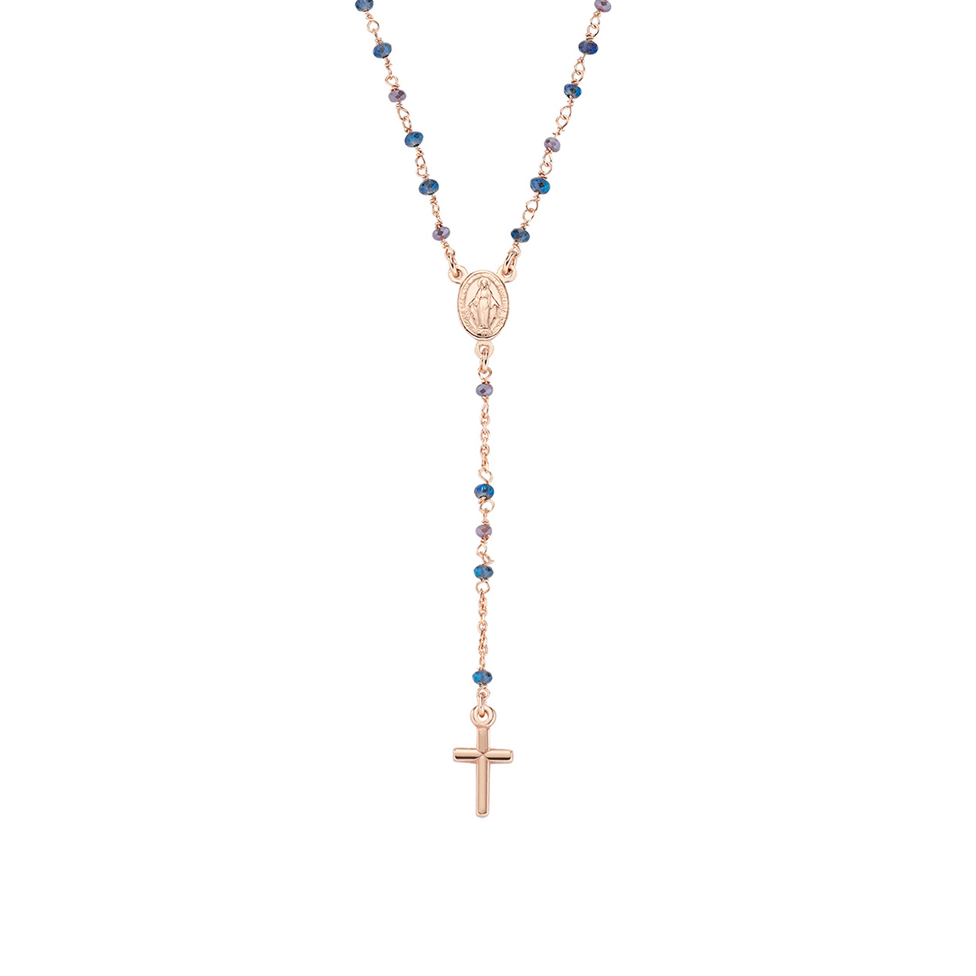 Colar Amen Rosary Rose Gold Cristais Cinza e Azul