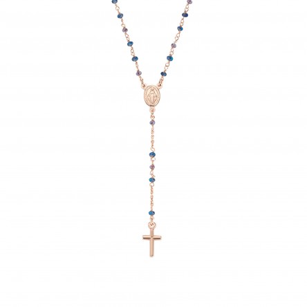 Collar Rosary Rose Gold Cristales Gris y Azul
