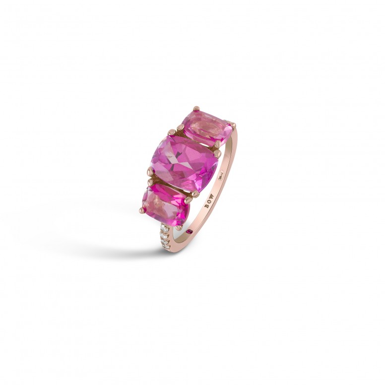 Anel N.56 Ouro 18K Turmalina Rosa e Diamantes 0,10ct