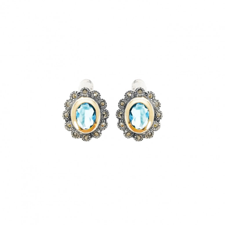 Blue Marcasites Silver and 9K Gold Earrings