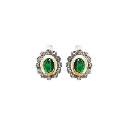 Green Marcasites Silver and 9K Gold Earrings