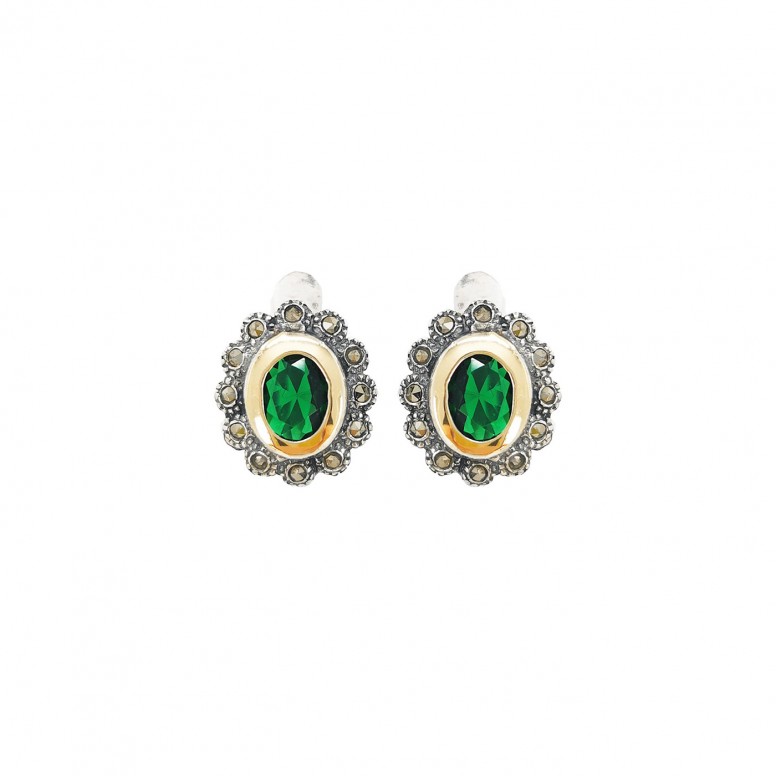 Green Marcasites Silver and 9K Gold Earrings