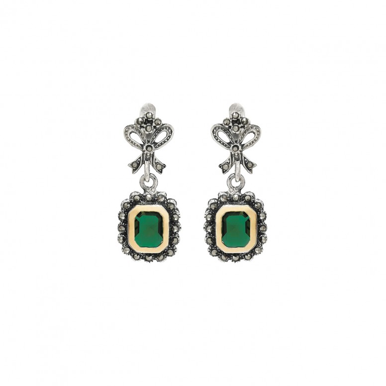 Pendientes Lazo Verde Plata y Oro 9K