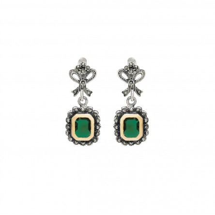 Green Bow Silver and 9K Gold Earrings