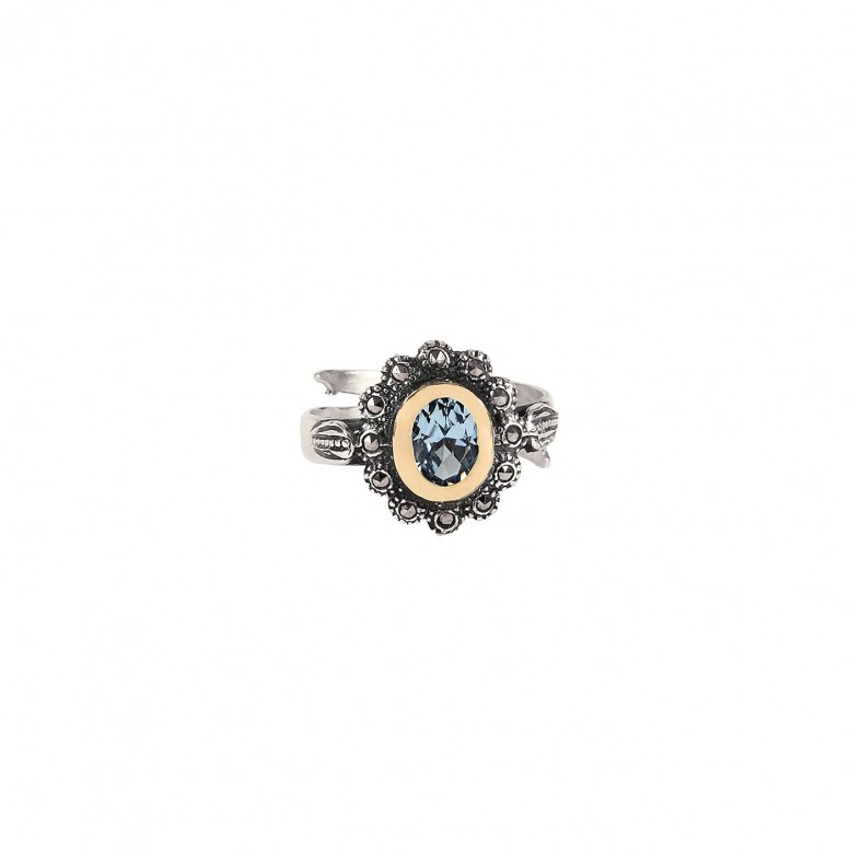 Anillo Azul Marcacitas Plata y Oro 9K