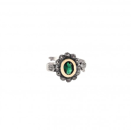 Green Marcasites Silver and 9K Gold Ring