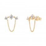 Brincos Triple Solitaire & Chain Ouro 14K