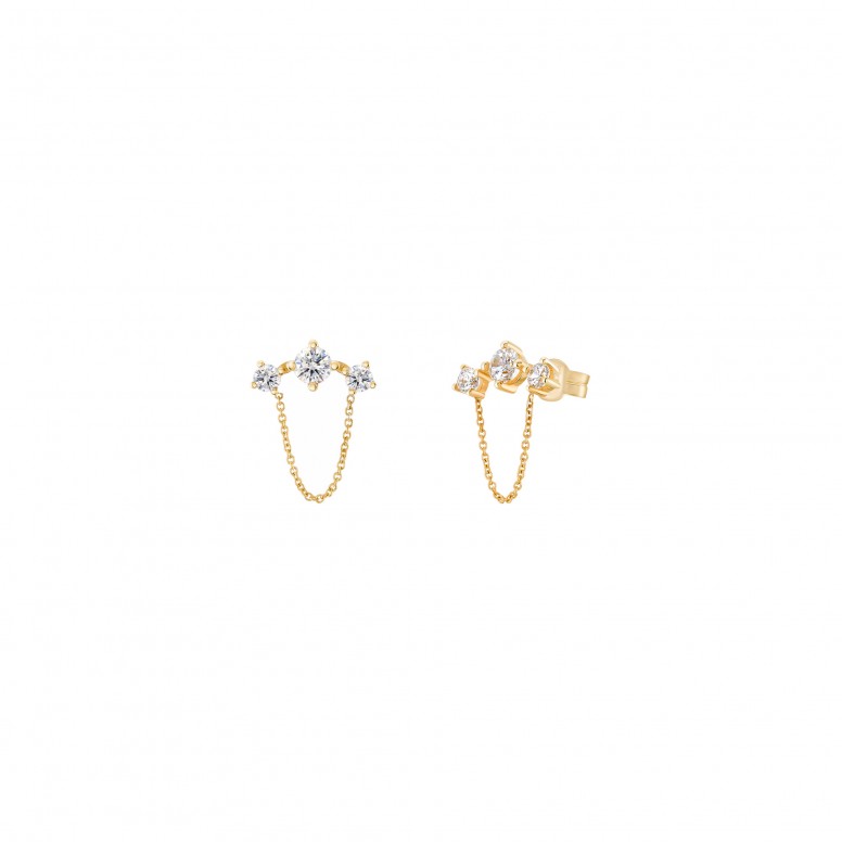 Triple Solitaire & Chain Earrings 14K Gold