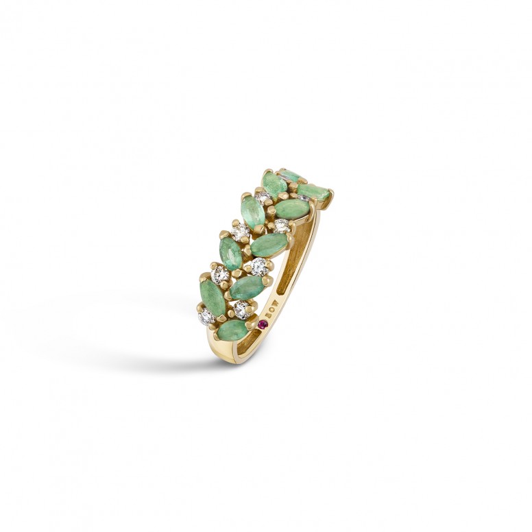 Ring N.75 18K Gold Emeralds and Diamonds 0,25ct