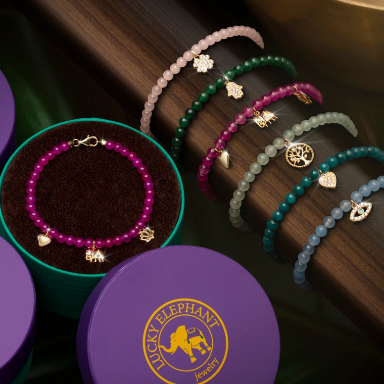 Pulsera Dark Red Stones & Lucky Clover II