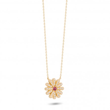 Necklace Sunflower 18K Gold Ruby and Diamonds