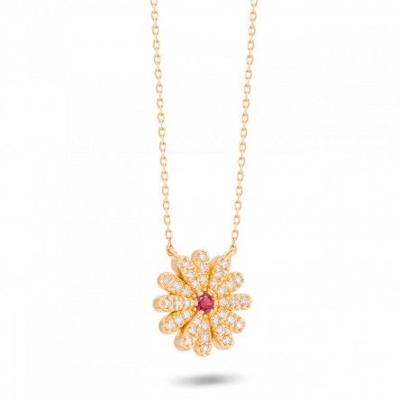 Necklace Sunflower 18K Gold Ruby and Diamonds