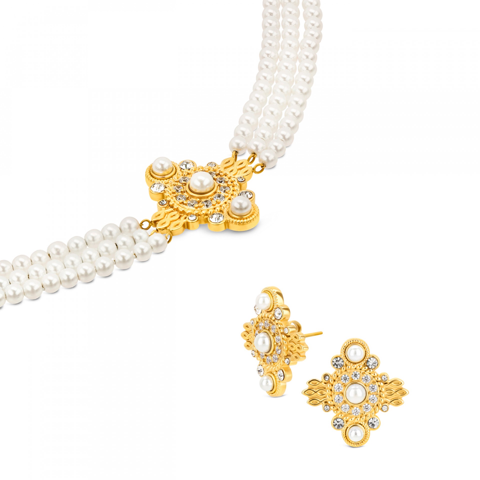 Ophelia Pearls Golden Necklace and Earrings Set