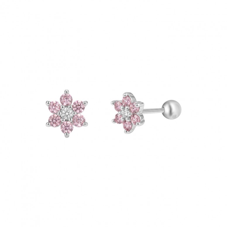 Pink Flowers Silver Earrings