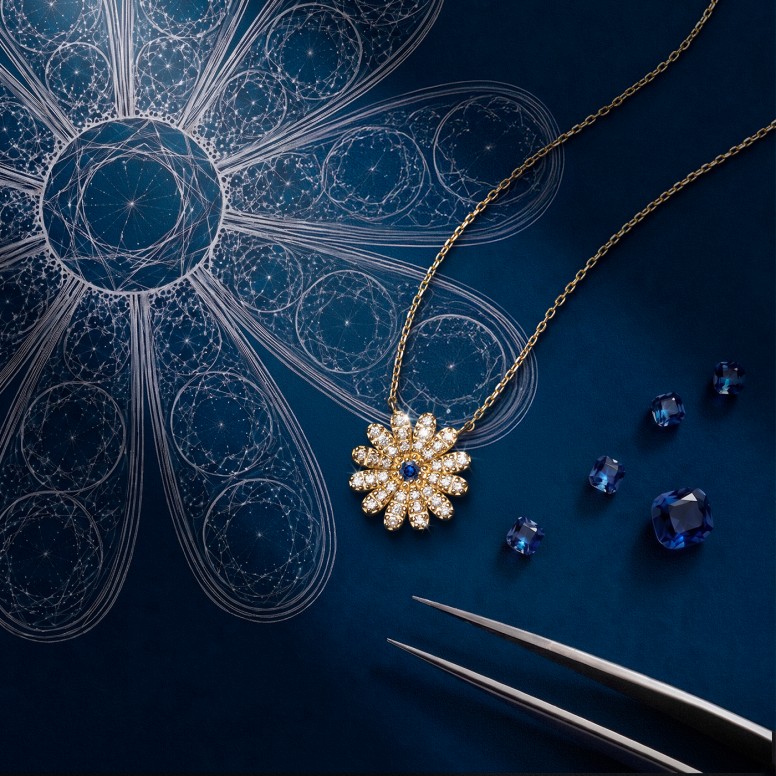 Necklace Sunflower 18K Gold Sapphire and Diamonds