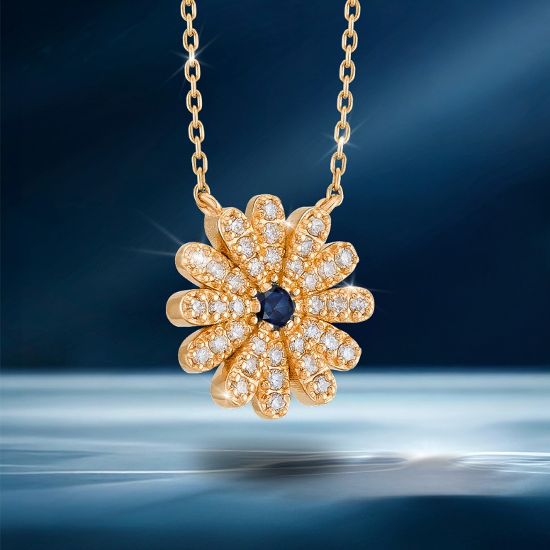 Necklace Sunflower 18K Gold Sapphire and Diamonds