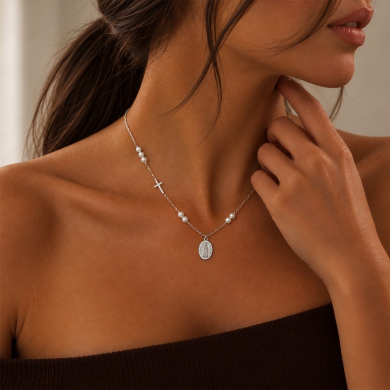 Colar Hope Medalha Nossa Sra De F�tima Com P�rolas